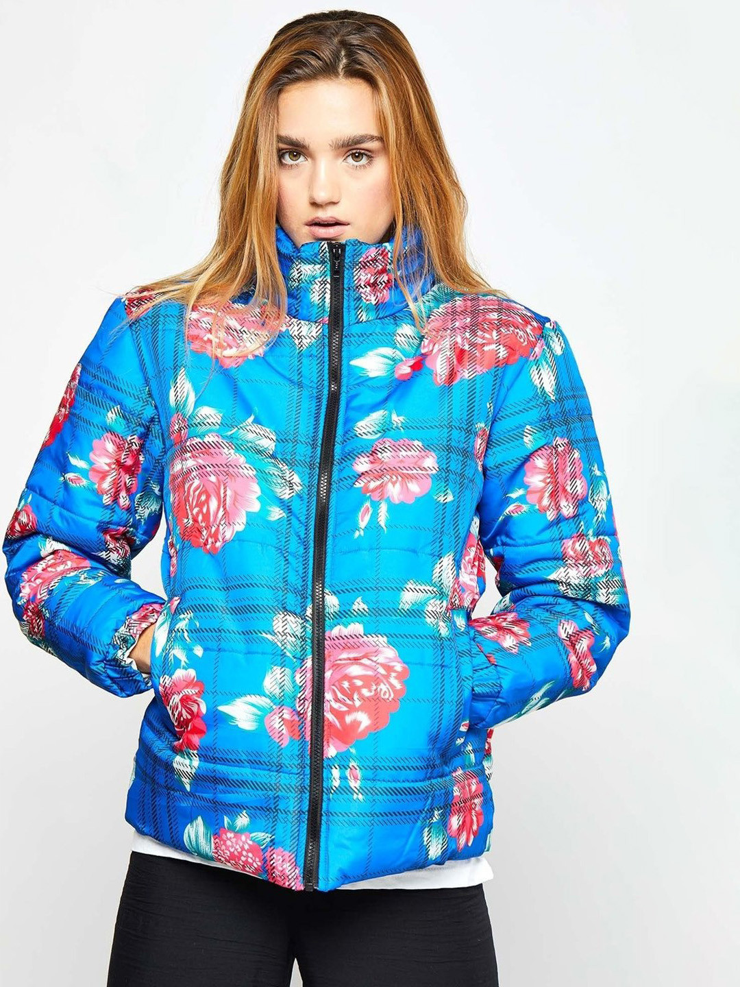 LA CHIC PICK Floral Printed Stand Collar Crop Puffer Jacket