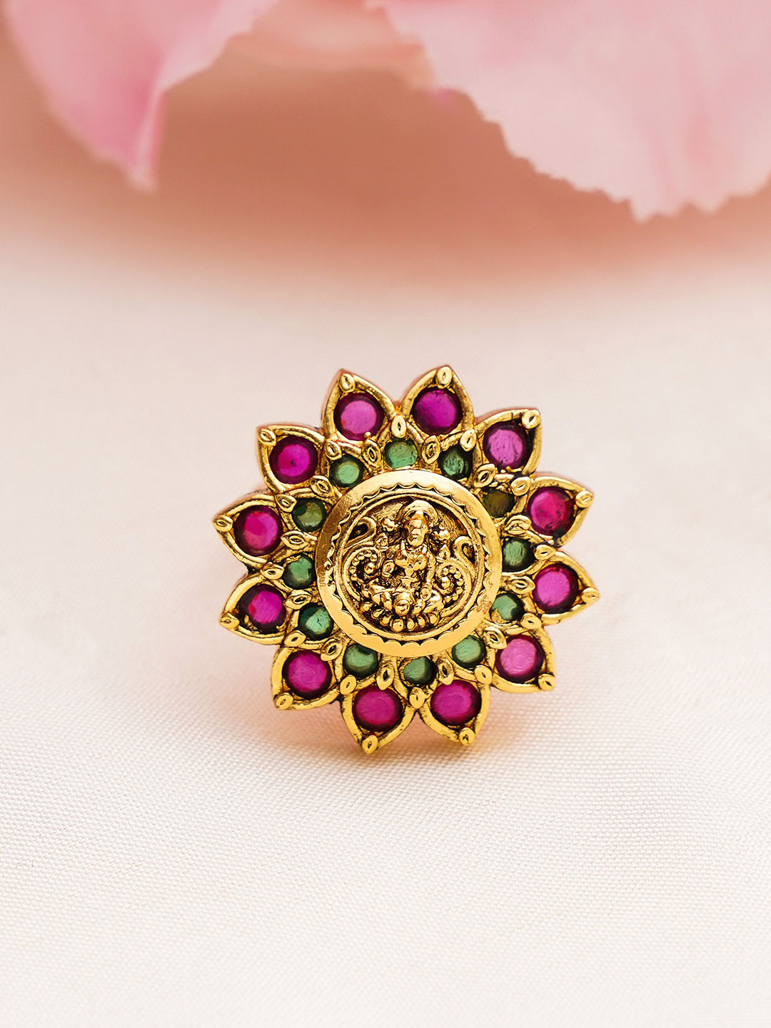 JAYPORE Gold Plated Stone Studded Floral Design Lakshmi Goddess Finger Ring