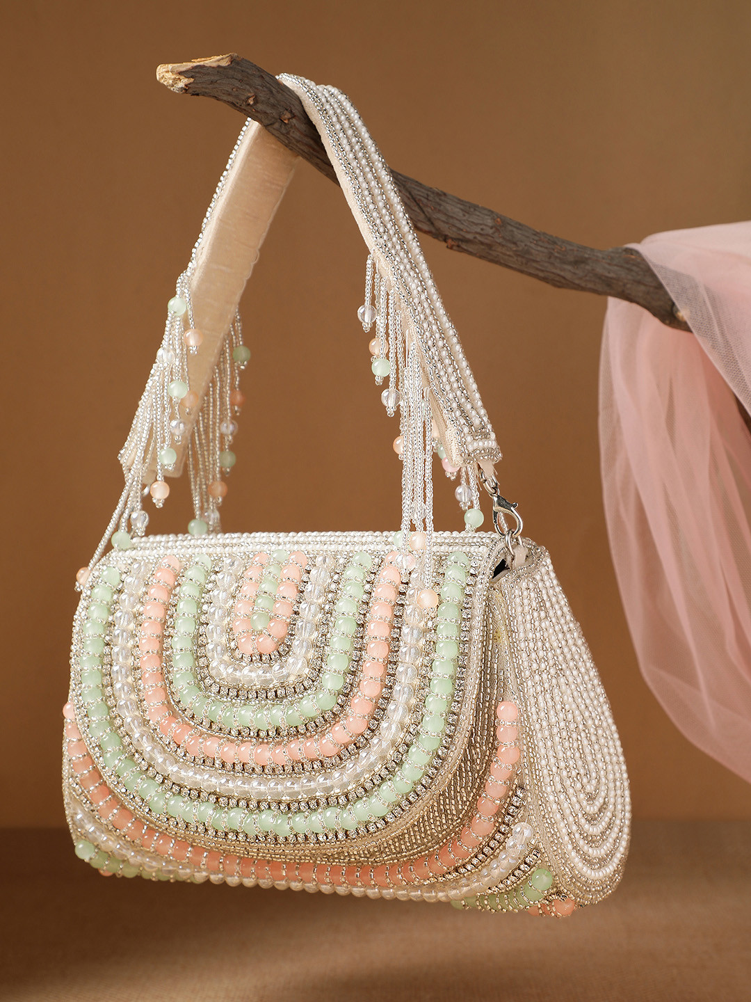 Anekaant Blush & Bead Silver & Pastel Multi Crystal Layered Velvet Clutch