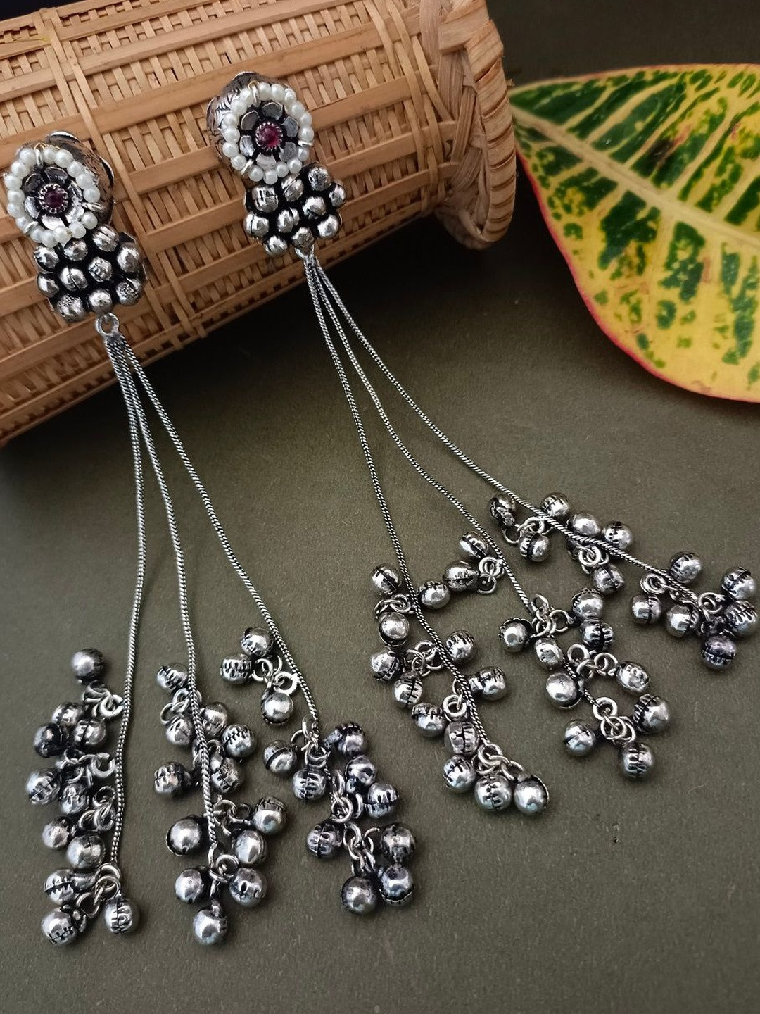 Sanjog Silver Plated Oxidised Pachi Kundan & Ghungaroo Studded Kashmiri Drop Earrings