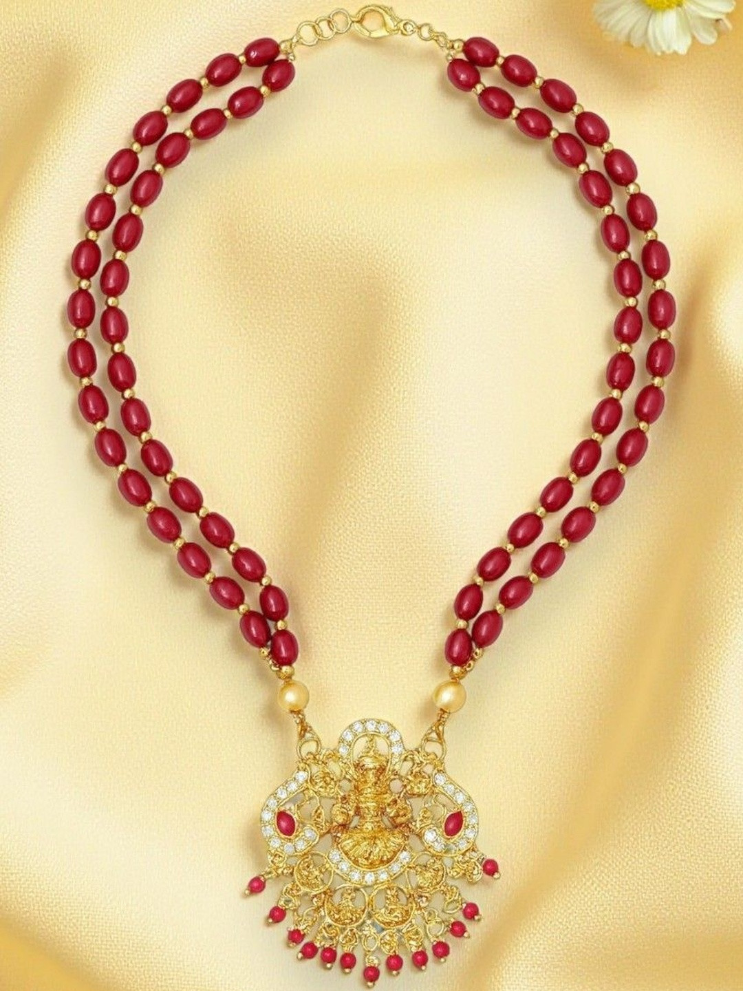 AccessHer Women's Elegant Red Bead Necklace & Gold-Plated Pendant Earrings Set