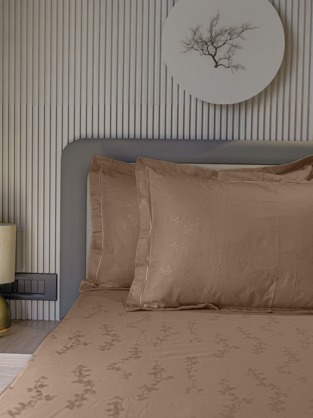 enera Jacquard Tendril Caramel Gold 300TC Flat King Cotton Bedsheet With 2 Pillow Covers