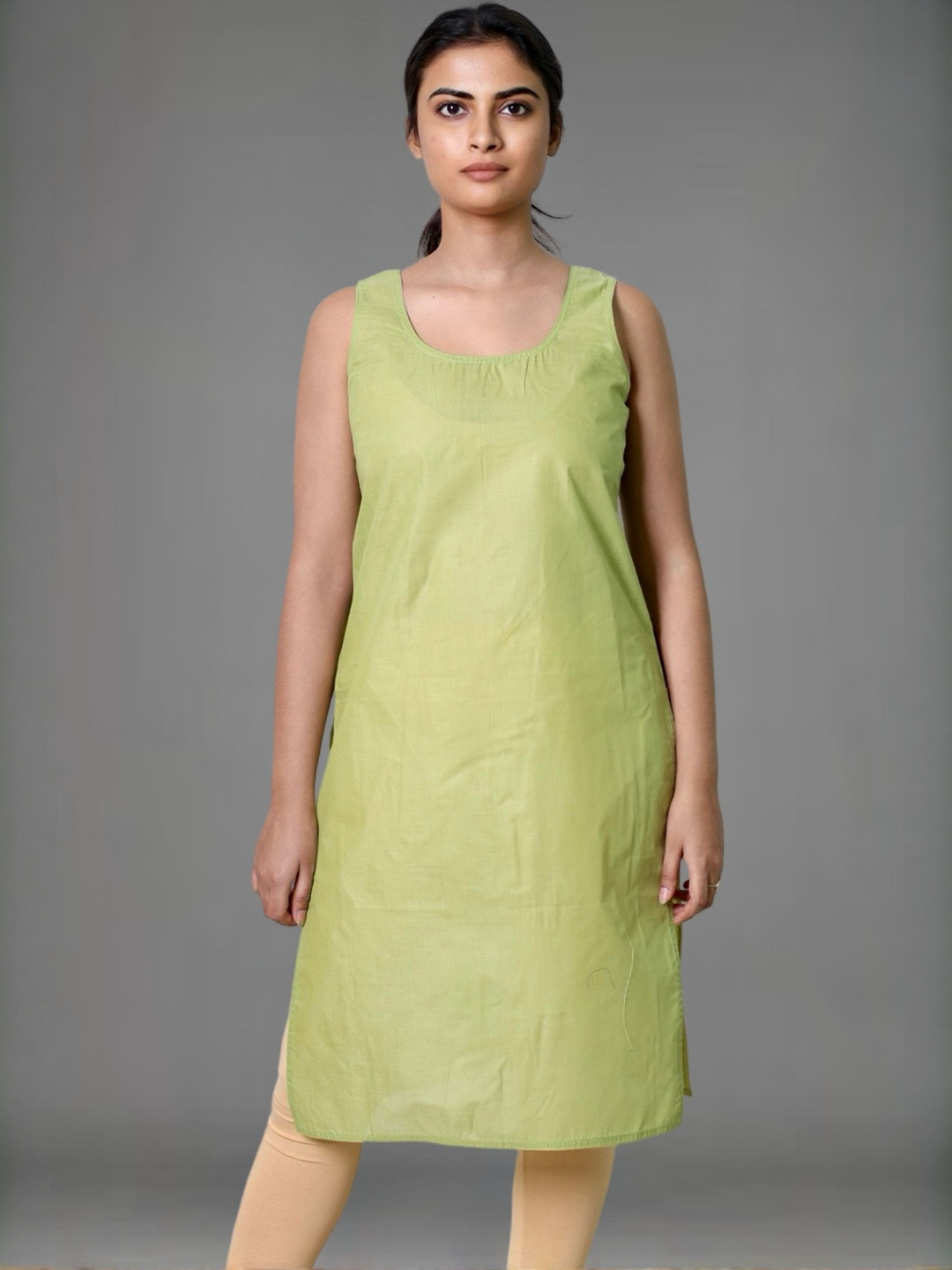 myplusfashion Women Lime Green Solid Inner Long Camisole Slip