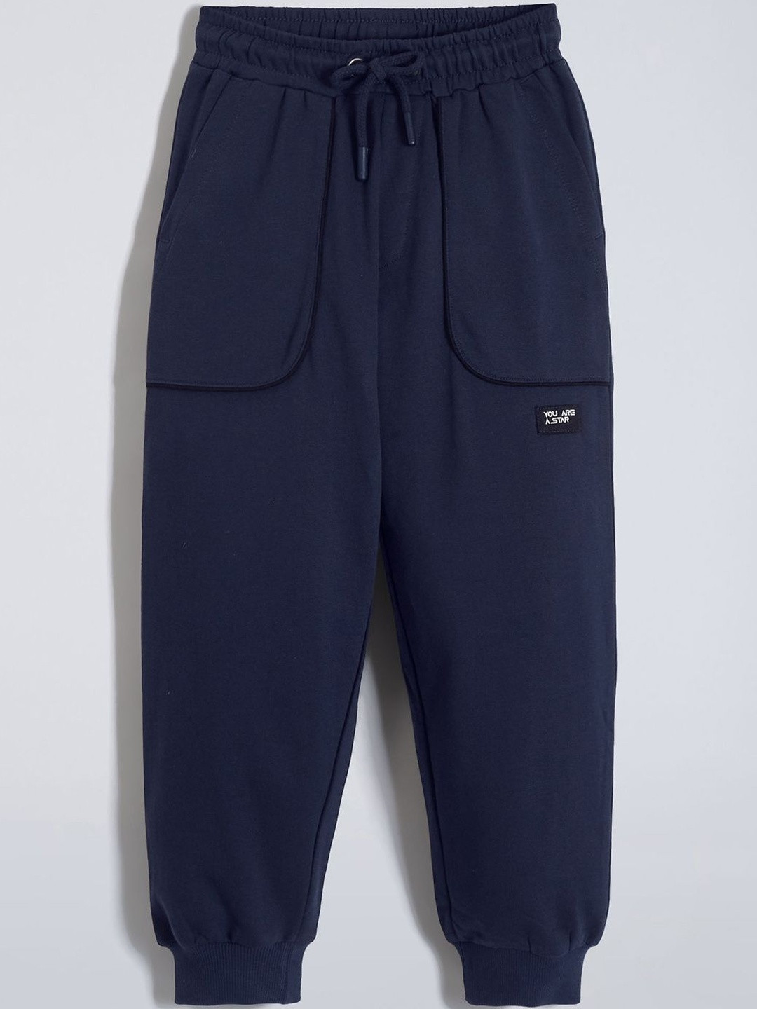 Hopscotch Boys Solid Woven Badge Cotton Jogger Pants