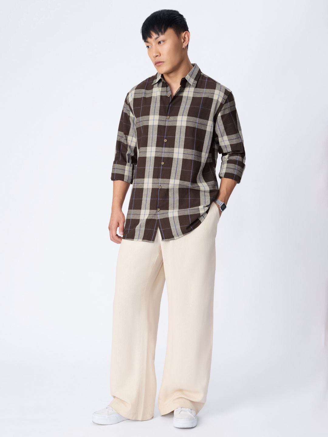 The Souled Store Mocha Tartan Checked Cotton Linen Casual Shirt