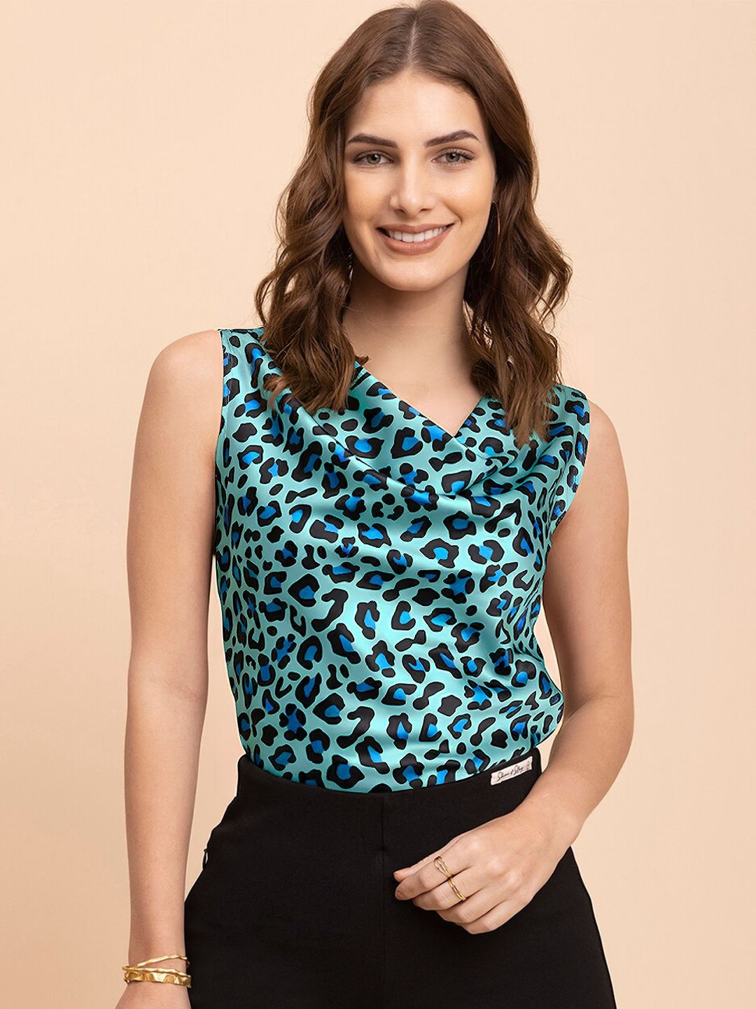 THE FAB FACTORY Women Animal Printed Cowl Neck Satin Top