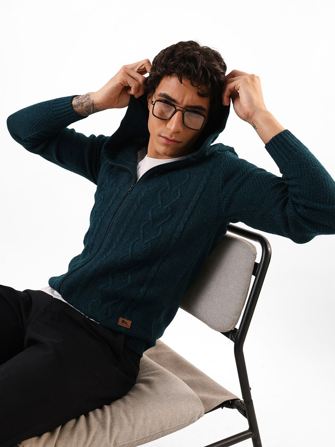 Dennis Lingo Men Cable Knit Hooded Front-Open Sweater