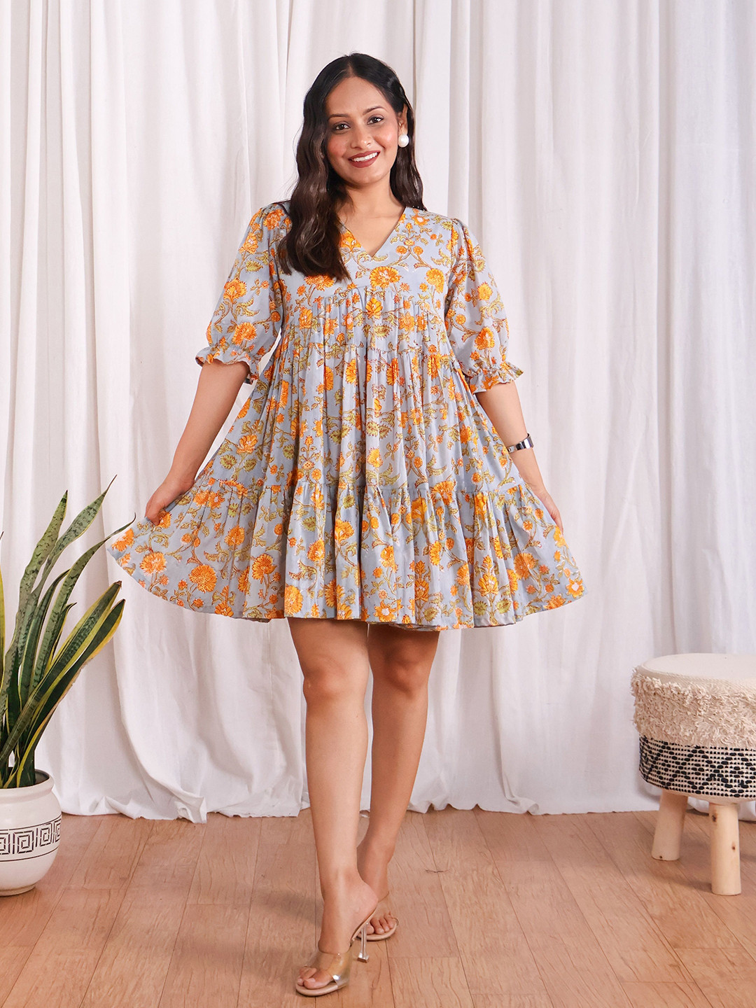 Sivaka India Women Floral Hand Block Printed Puff Sleeve Tiered A-Line Mini Dress