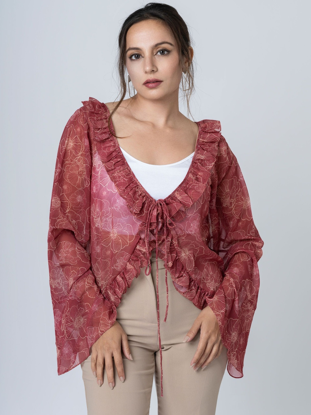 BOONS n PERKKS Floral Printed Flared Sleeves Ruffles Chiffon Top