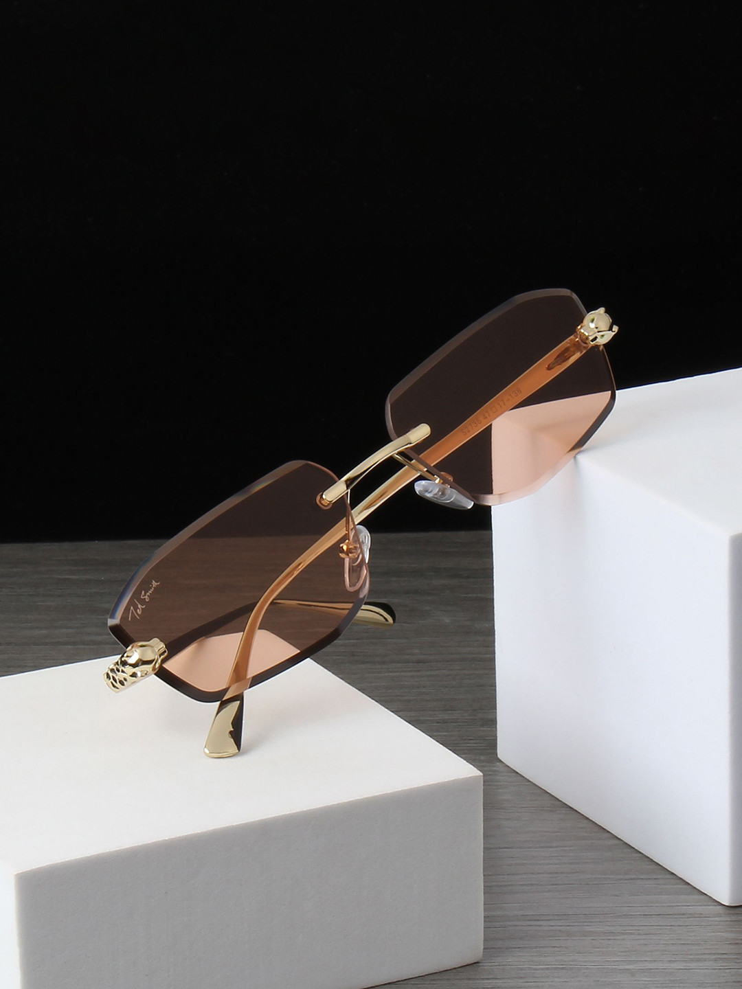 Ted Smith Unisex Diamond Cut Rimless Gold Pink UV Protected Sunglasses