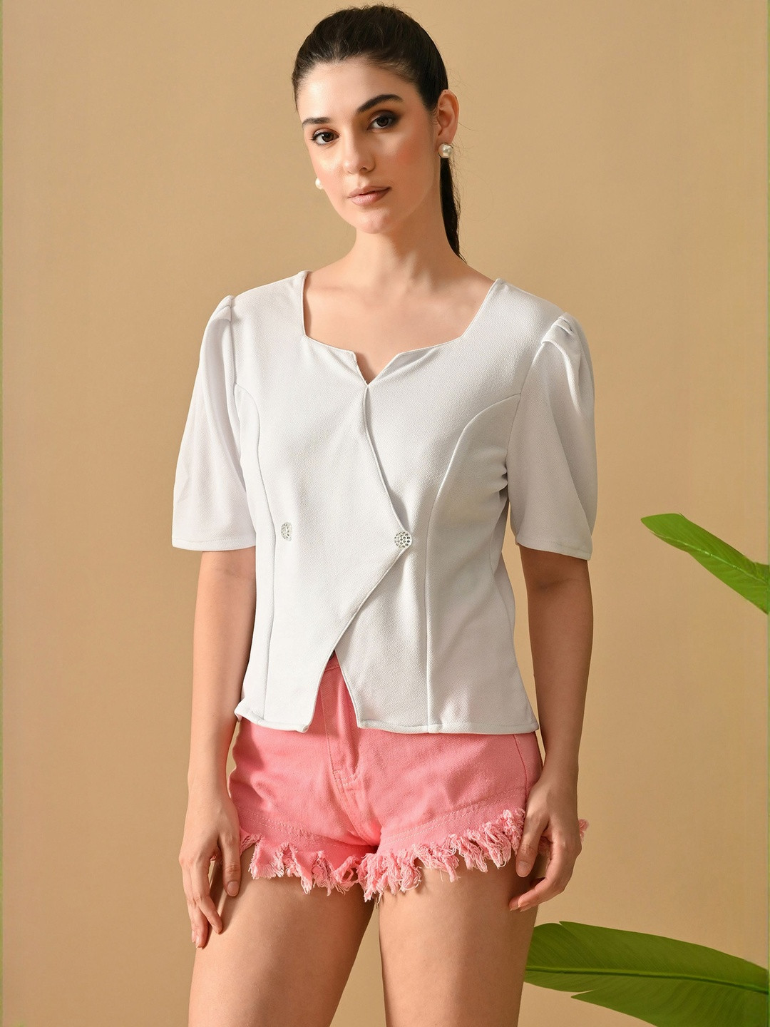 BAESD Women Self design Puff Sleeves Structured Overlap Neck Top