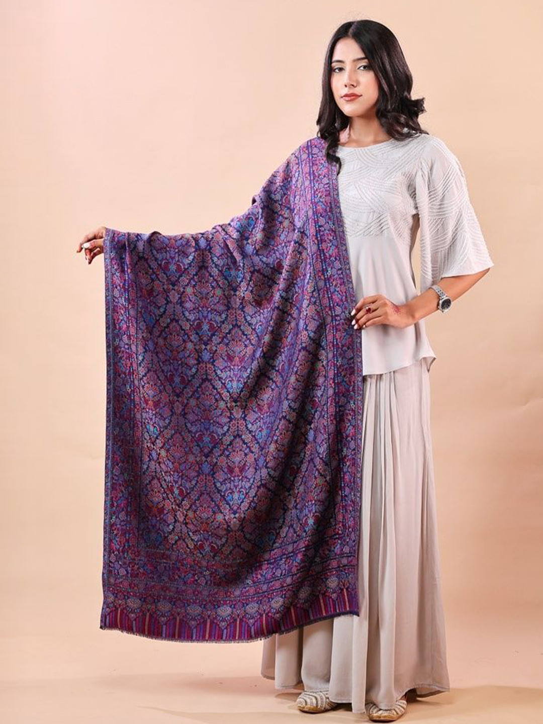 THE SHAWL STUDIO Ethnic Motifs Woven Design Pure Modal Kani Shawl