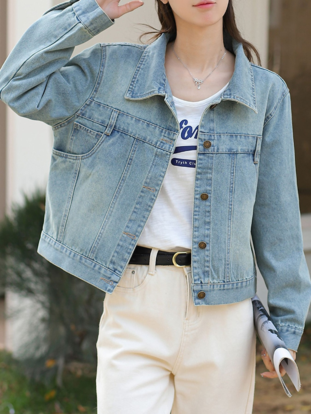 HERE&NOW Women Blue Side Pocket Spread Collar Long Sleeves Front Open Denim Jacket
