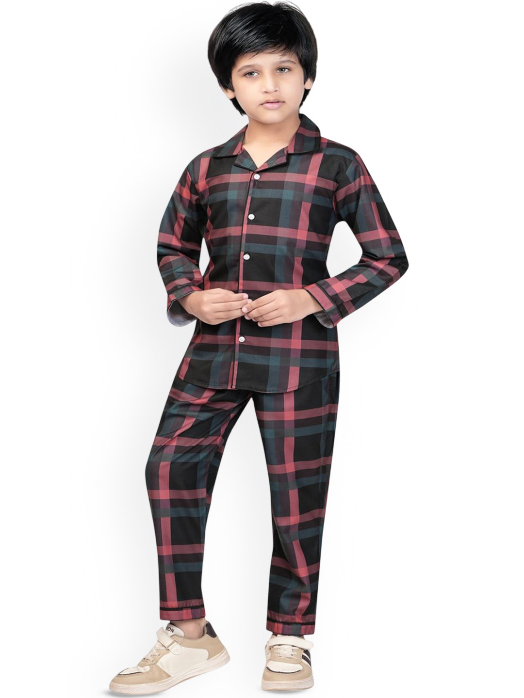 BAESD Boys Checked Printed Lapel Collar Shirt & Pyjamas Night suit