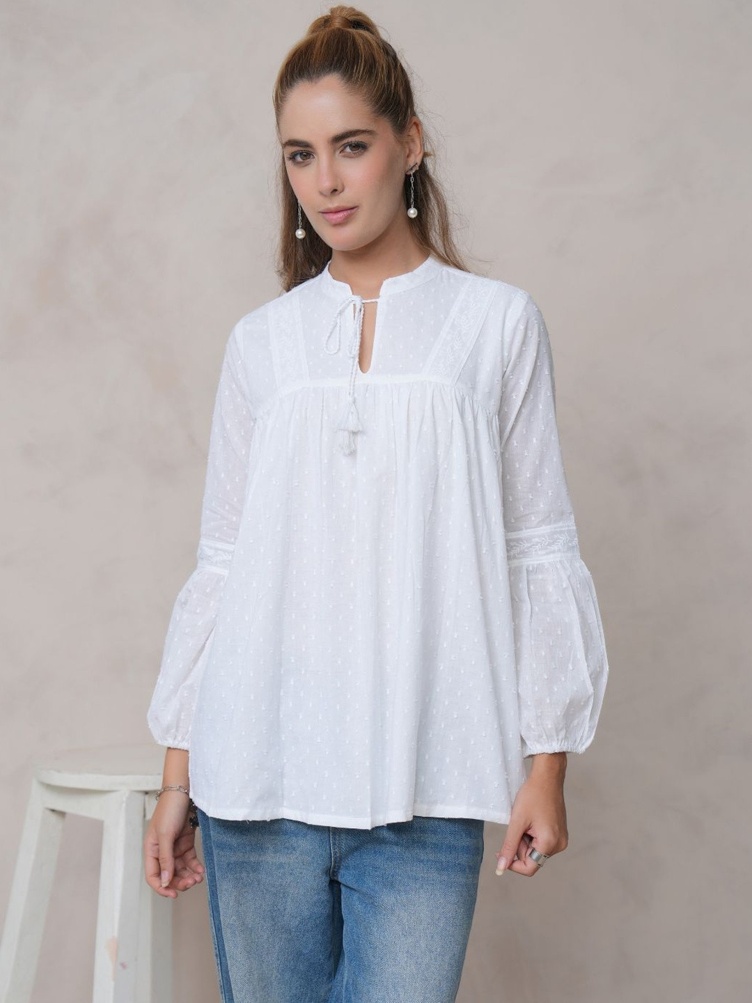 Zolo Label Womens White Cotton Embroidered Tops with Closed Neck and Full Sleeves