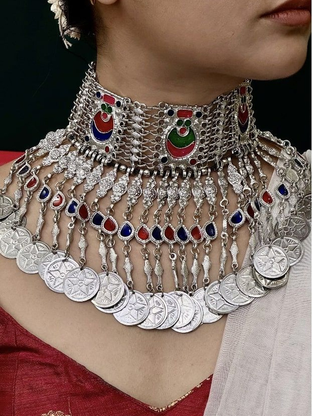 Janpath Online Brass Silver-Plated Chamakti Chandni Afghan Necklace