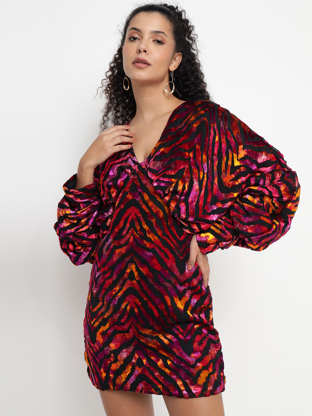 theulluu.com Animal Print Batwing Sleeve Velvet A-Line Mini Dress
