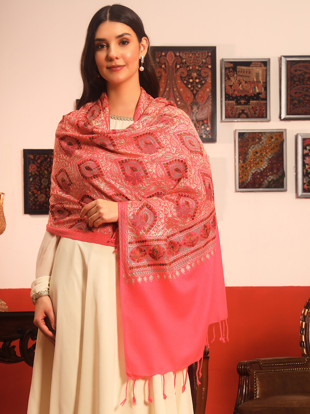 Pashmoda Women Ornate Harmony Wool Nalki Embroidered Stole