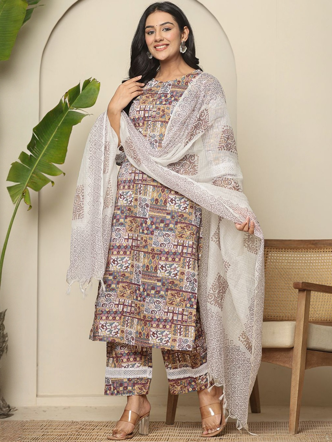 KALINI Beige Cotton Geometric print Straight Kurta Pant dupatta set