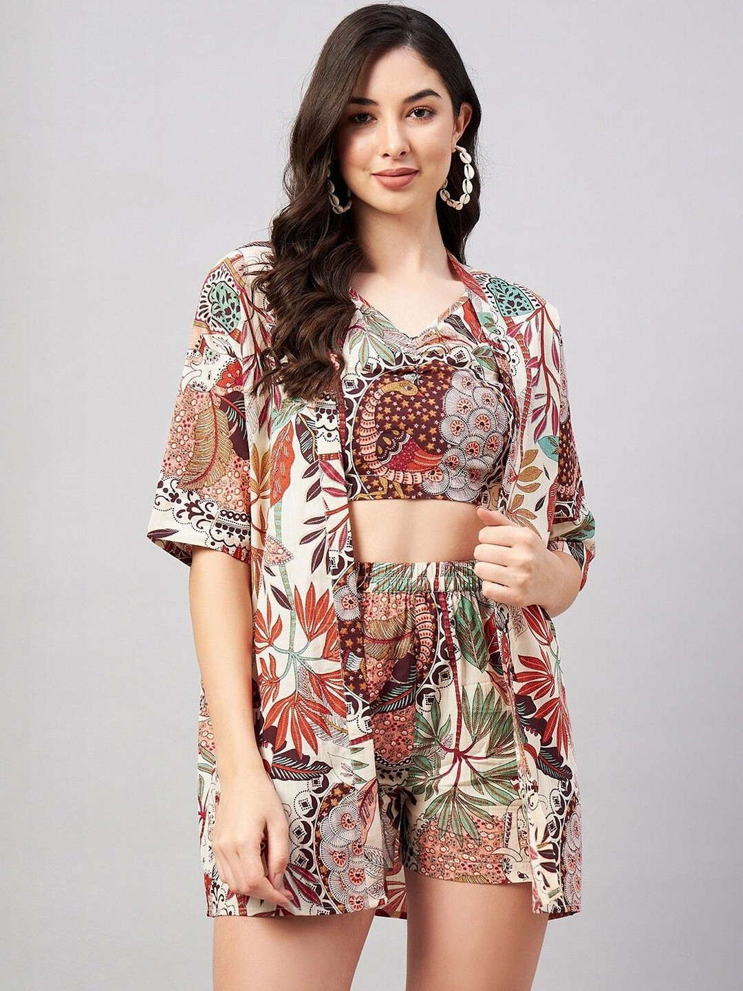 Printed Pure Cotton Top With Shorts & Jacket Co-ord set