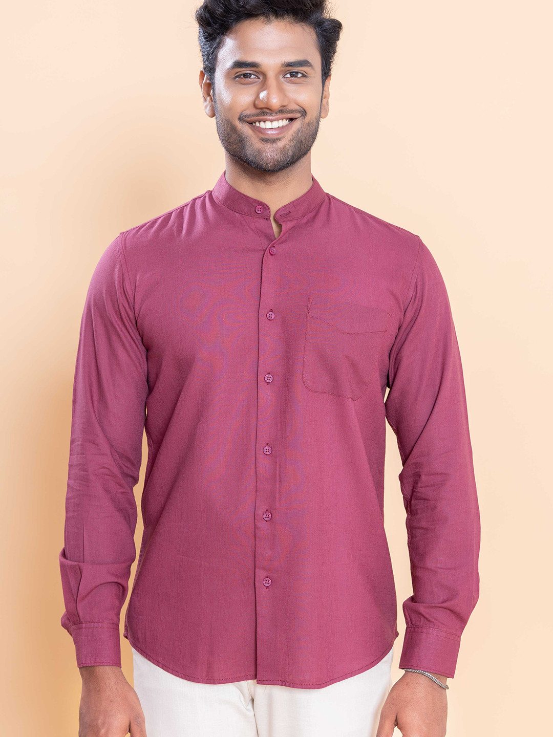 Native Bull Classic Band Collar Roll-Up Sleeves Shirt