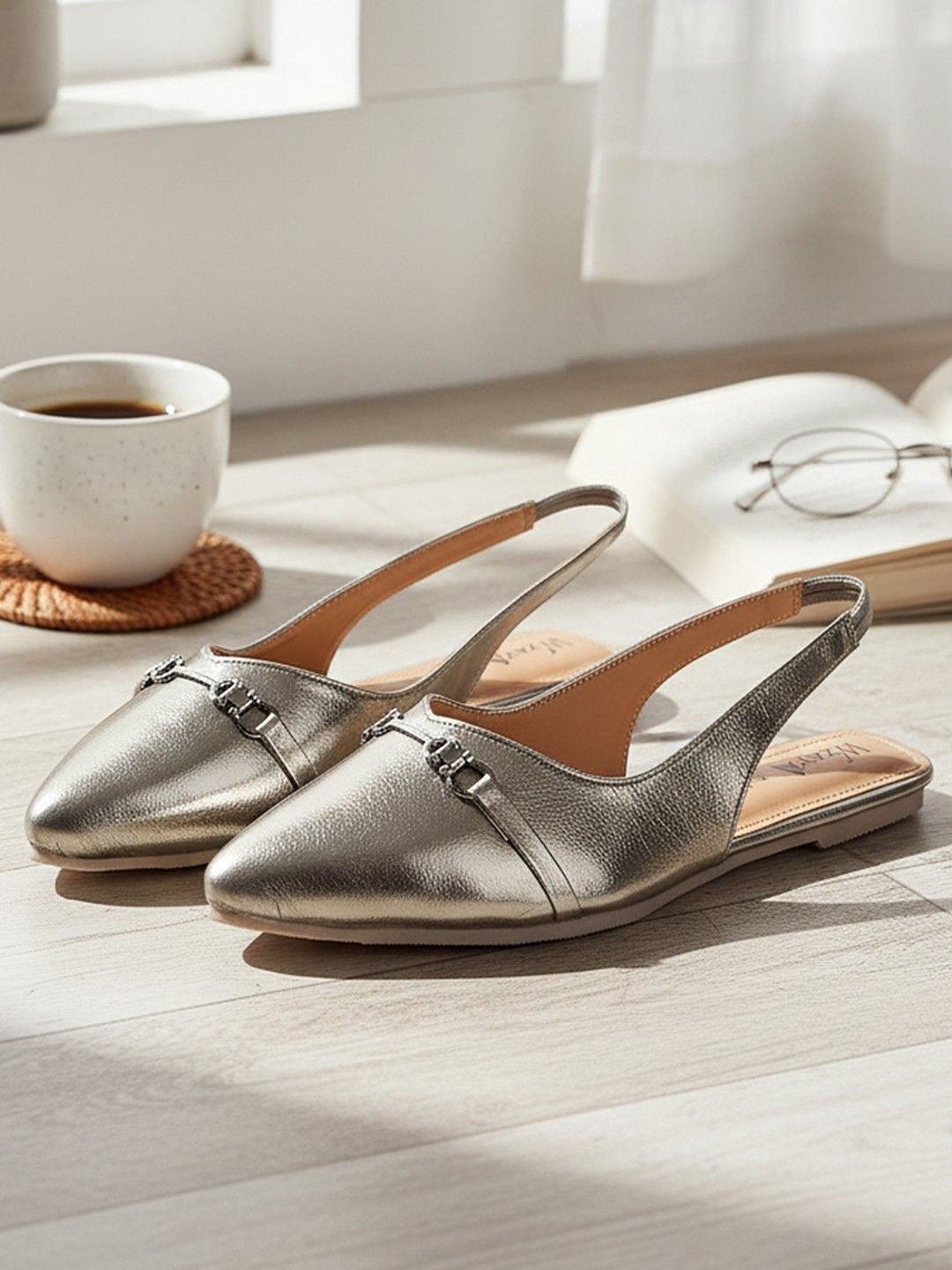 WZAYA Women Textured Metallic  Slingback Flats