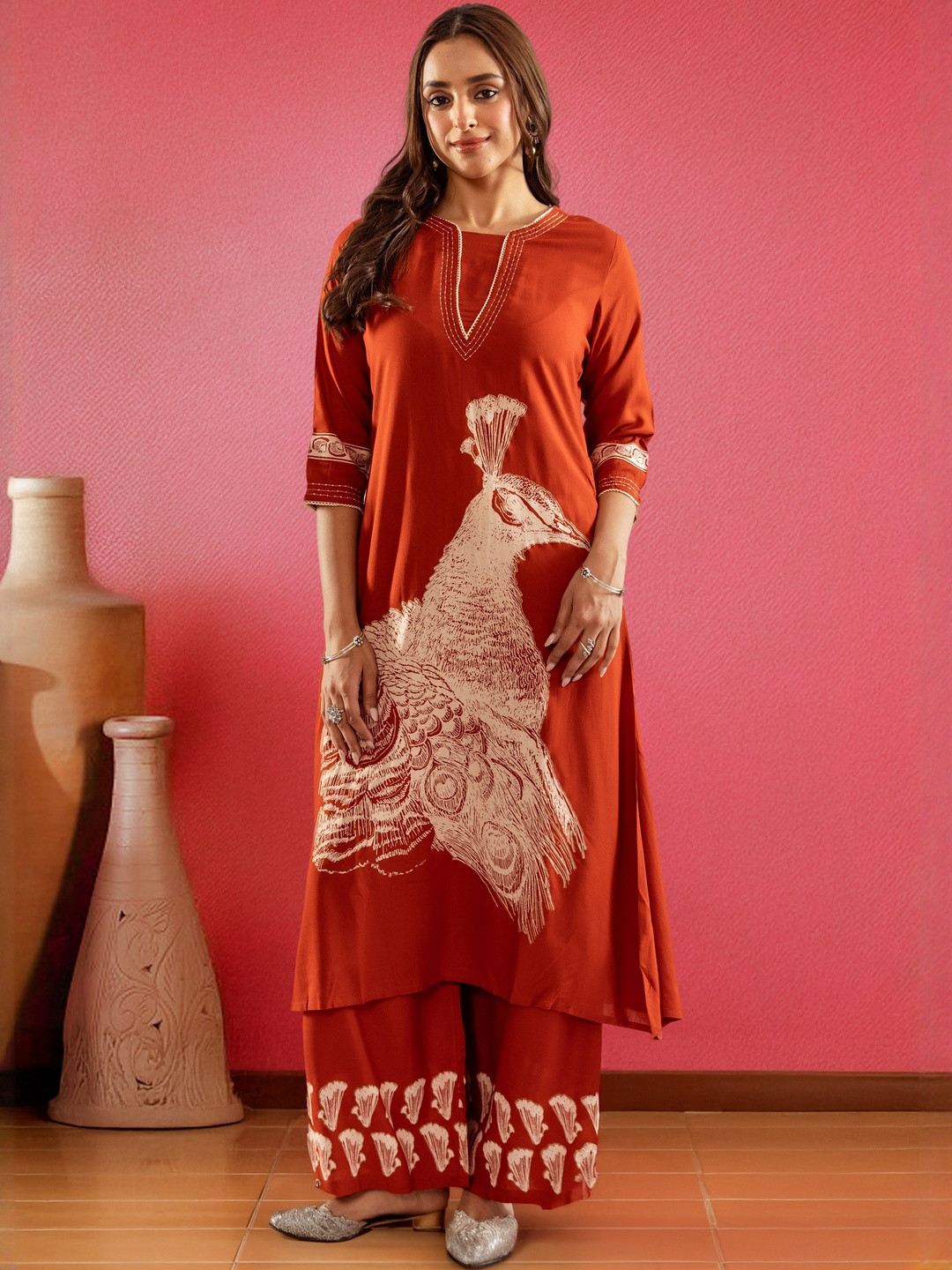 Sangria Animal Printed Aari Work Straight Kurta with Palazzos