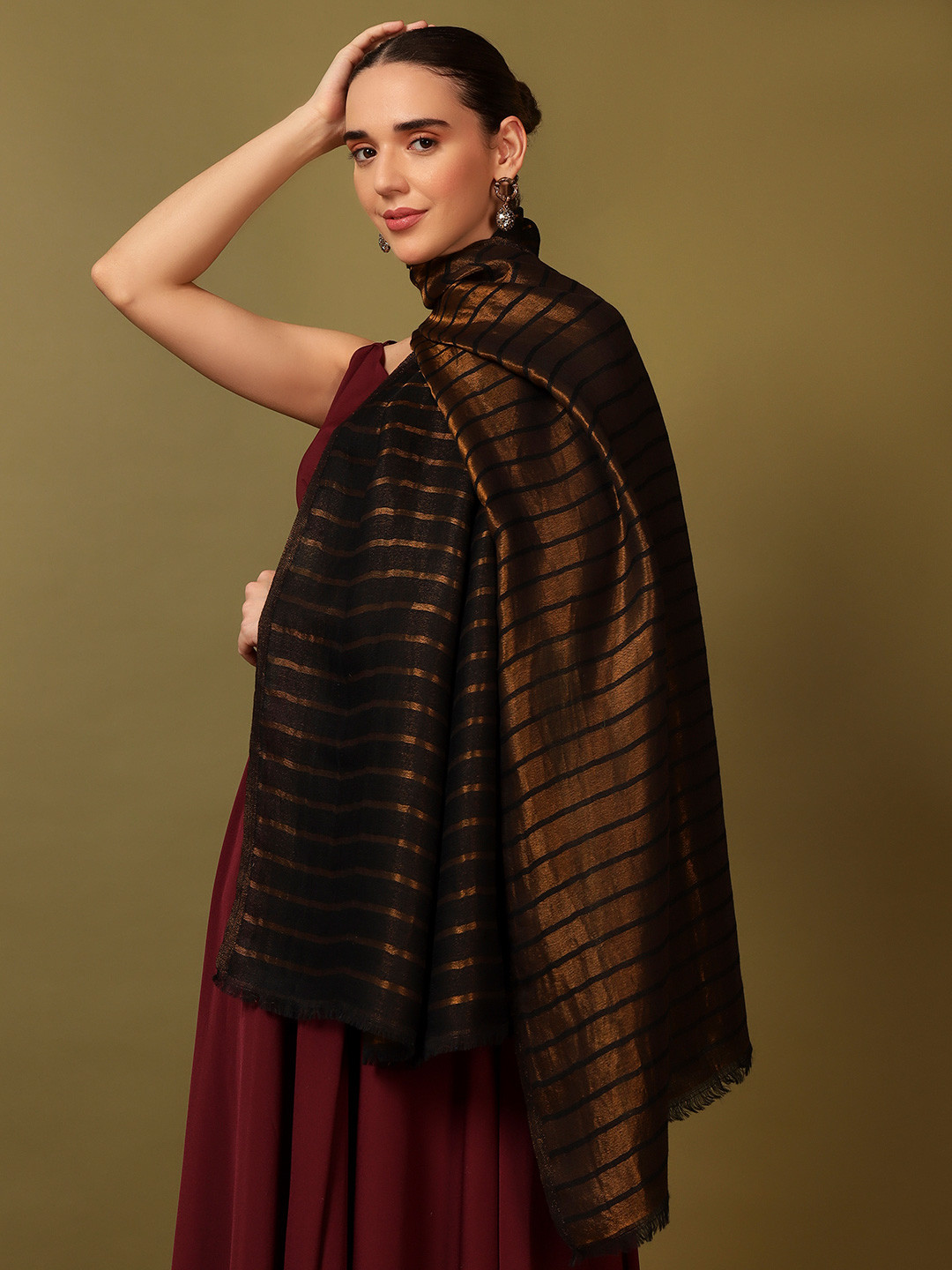 Pashmoda Striped Woven Design Woollen Reversible Shawl