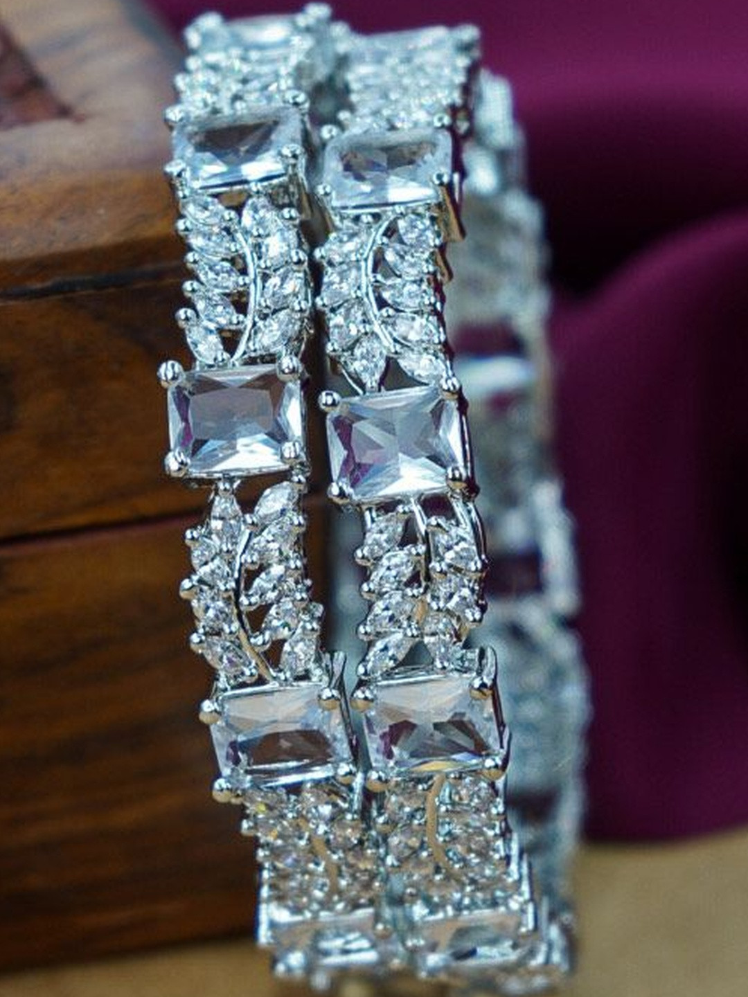 Wedding Chuda by Hitesh Bangles Set Of 2 American Diamond-Studded Leaf Design Bangles