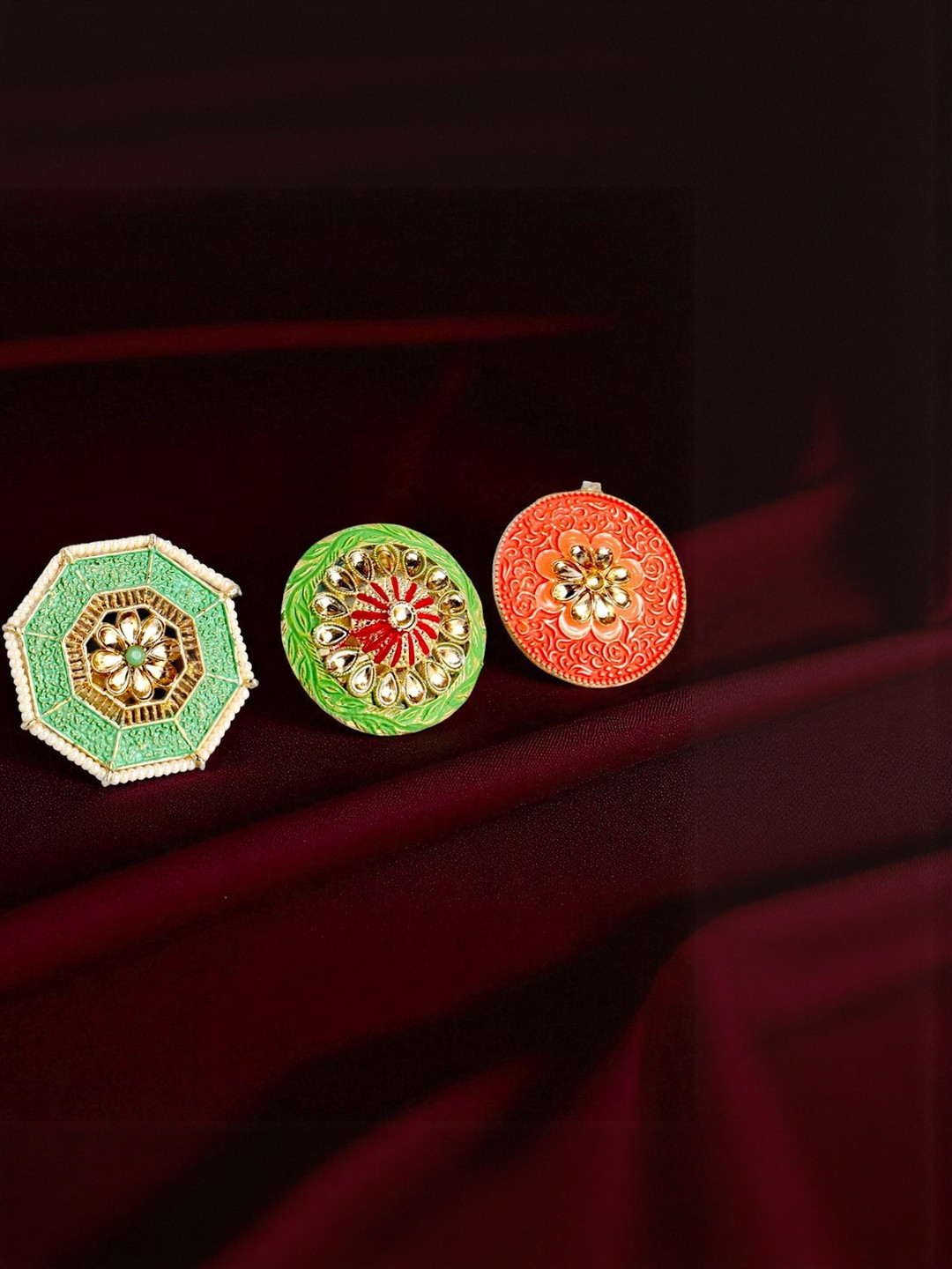 Anxvi Set Of 3 Gold Finish Mint Green Rust Minakari Kundan Adjustable Finger Rings