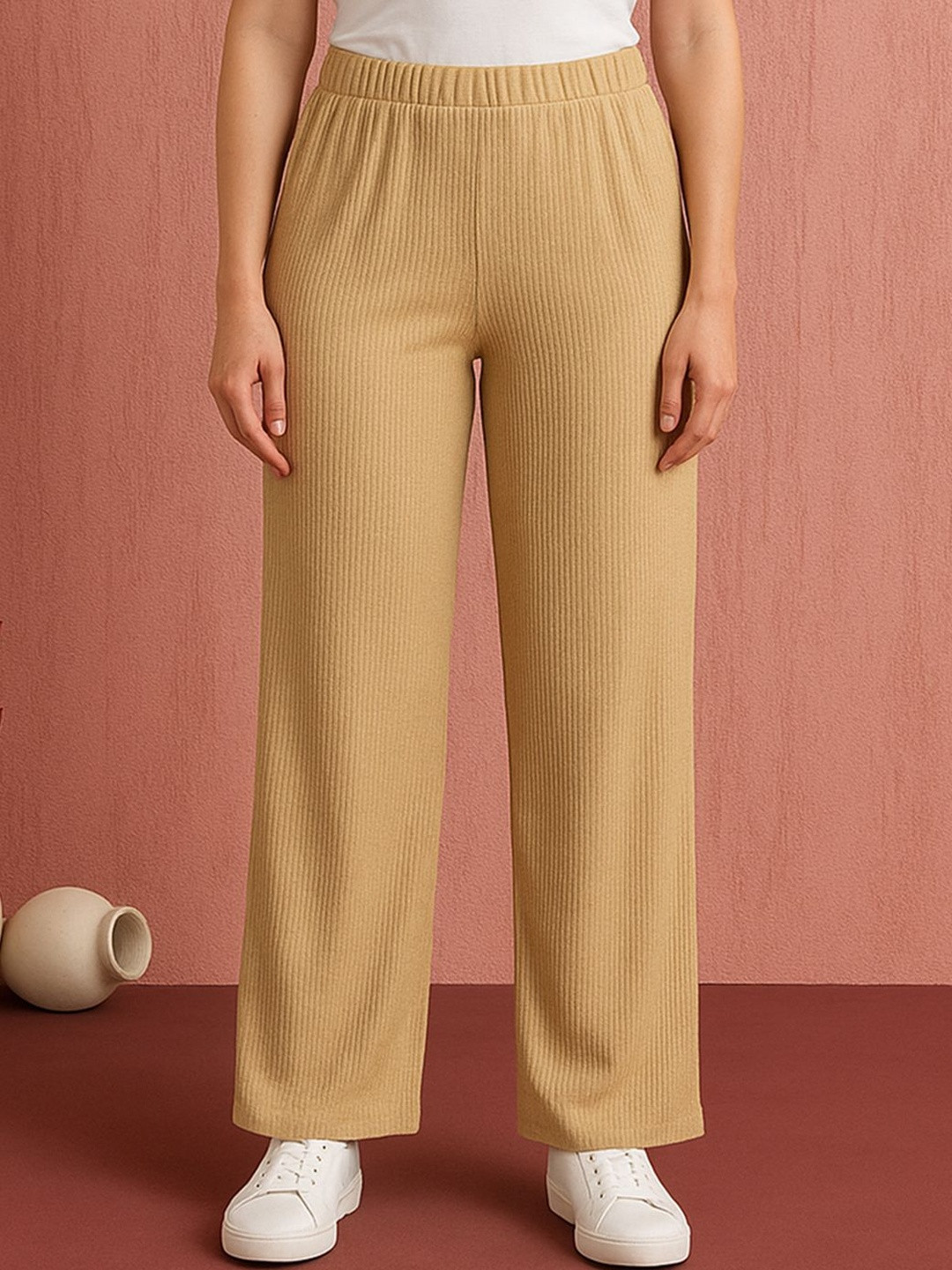 Moda Rapido Women Beige Solid Lining Stretchable Cotton Lycra Blend Casual Trouser