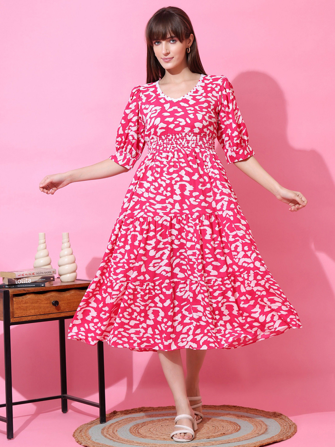 SHEETAL Associates Printed Smocked Detail Fit & Flare Dress