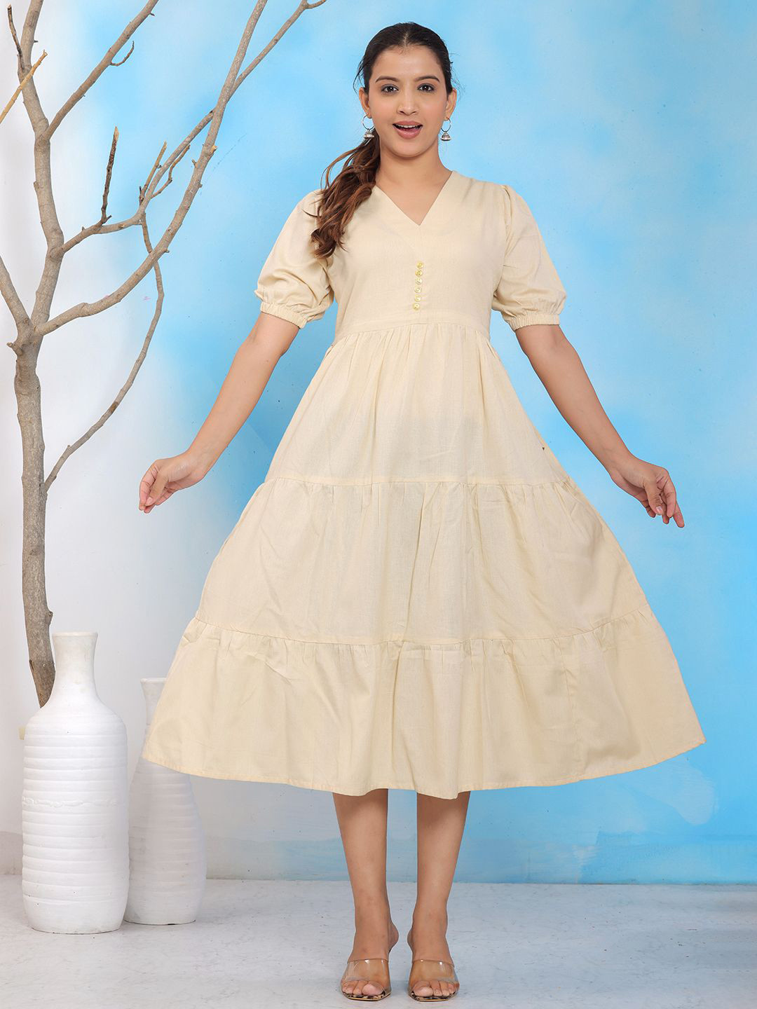 JAHIDA COMFORT WITH STYLE Solid Gathered or Pleated Fit and Flare Midi Dress