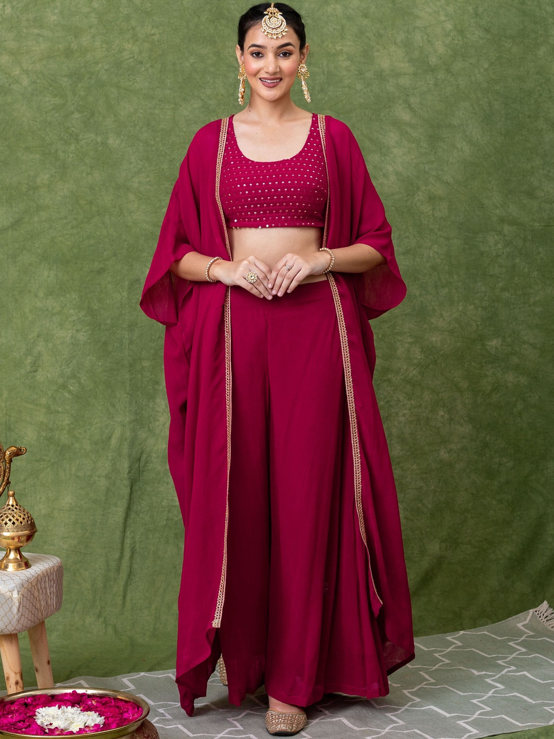 HERE&NOW Women Georgette Sequence Crop Top With Palazzo & Shrug Co-Ords