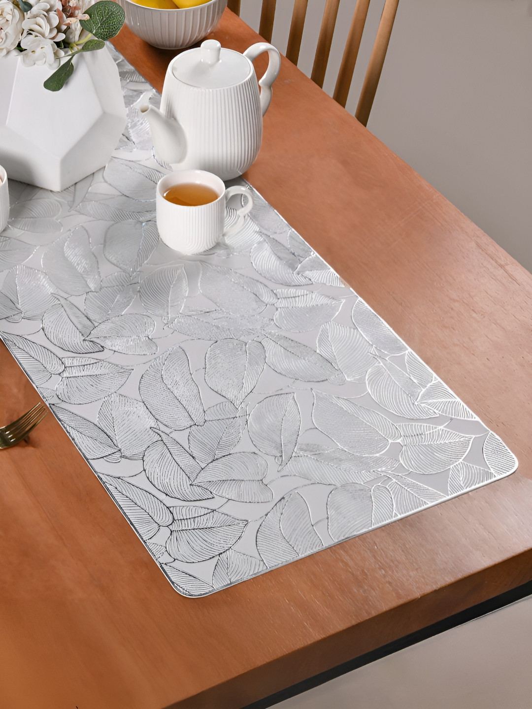 Nestasia Grey Textured Opulent Leaf Table Runner
