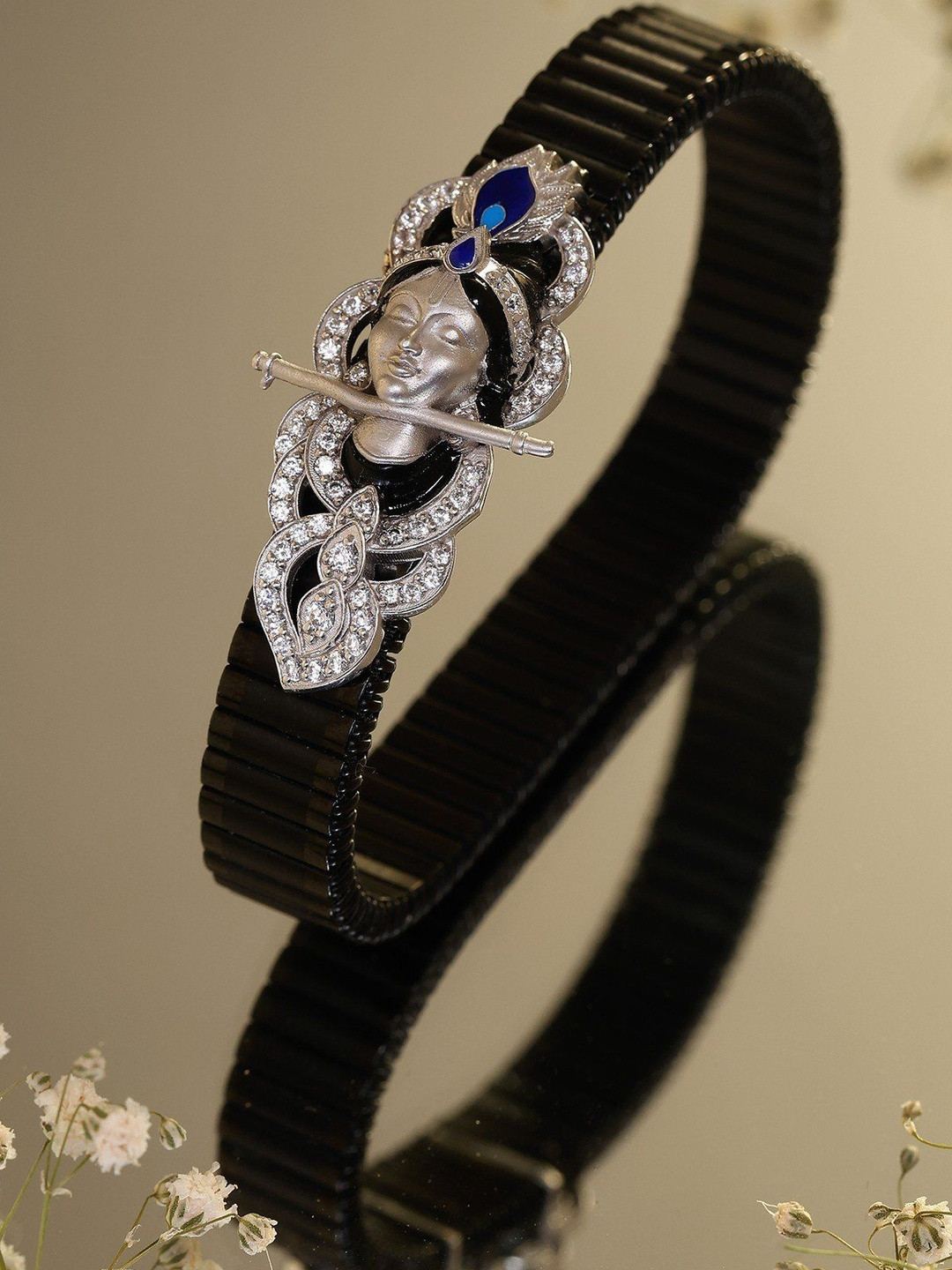 Exotic India Women Sterling Silver Fluting Krishna Elasticated Bracelet