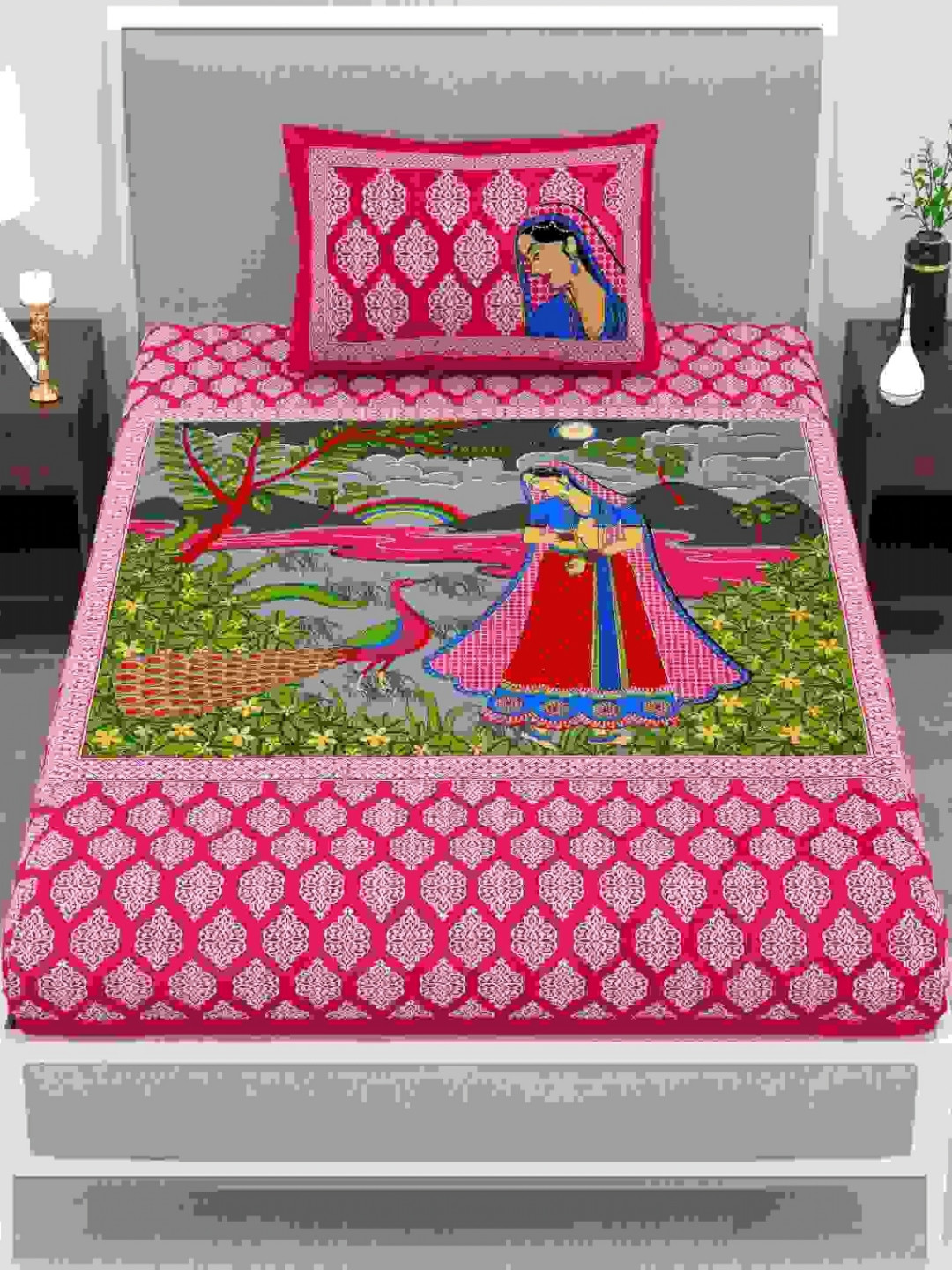 AC FASHION Pink & Green 144 TC Single Bedsheet Set 1.50 m x 2.20 m