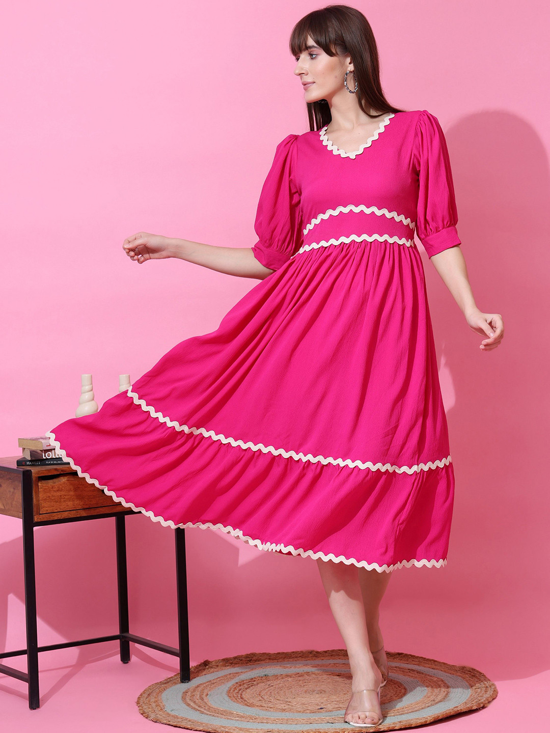 SHEETAL Associates Puff Sleeve Ruffled Crepe Fit & Flare Midi Dress