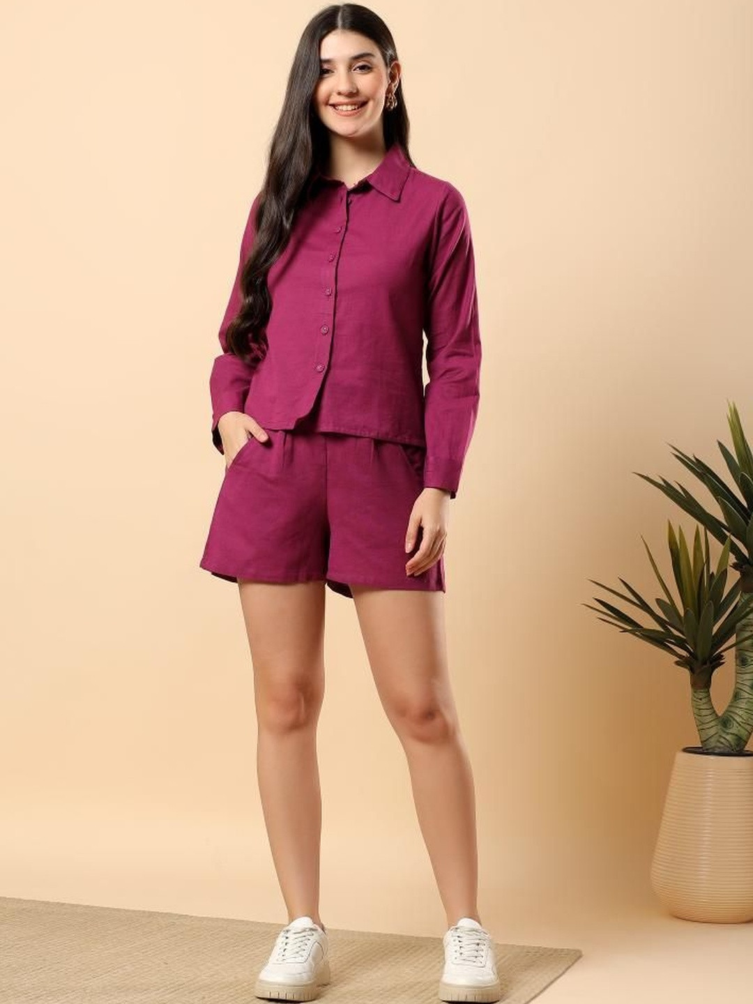 HERE&NOW Cotton Flex Solid Shirt With Short Pants Co-Ord Set