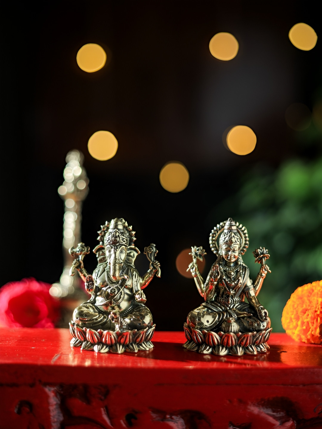 Revive Home 2 Pieces Copper Toned Laxmi & Ganesha Showpieces