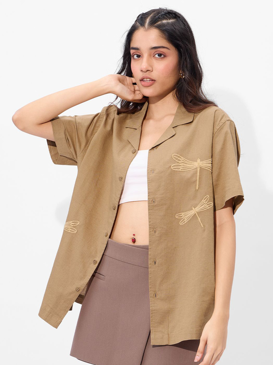 The Souled Store Women Regular Fit Bloom Dragon Fly Embroidered Cotton Linen Shirt