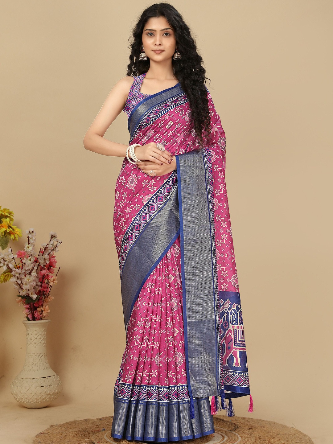 J 6 DESIGNER Ethnic Motifs Silk Cotton Saree With Stitched Blouse