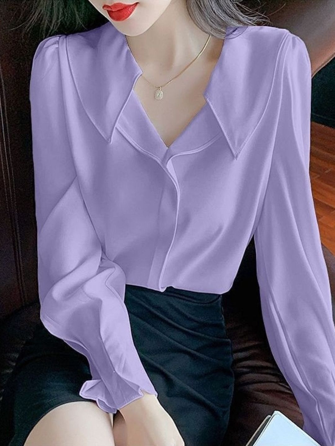 StyleCast Women Purple Shirt Collar Long Sleeves Top
