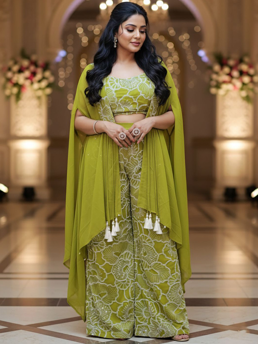 SAKSHI- The Wedding Store Women Embroidered Shoulder Straps Top  Palazzo & Shrug Co-Ords