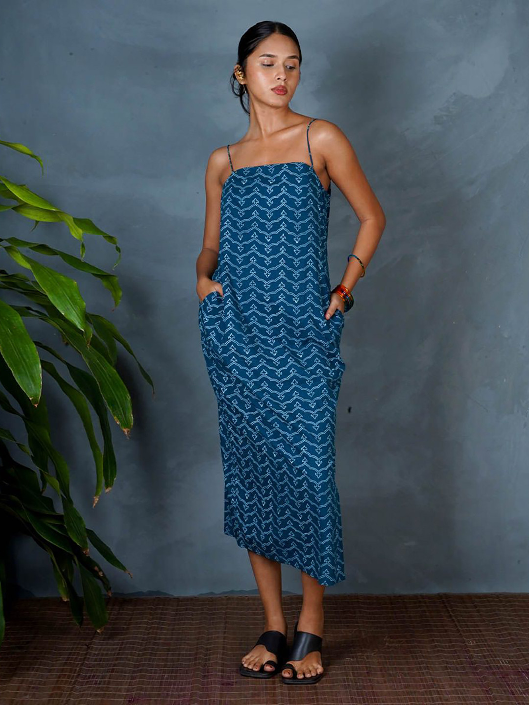 Chidiyaa MYA Anaya Women Printed Shoulder Straps Hand Block Printed A-line Midi Dress