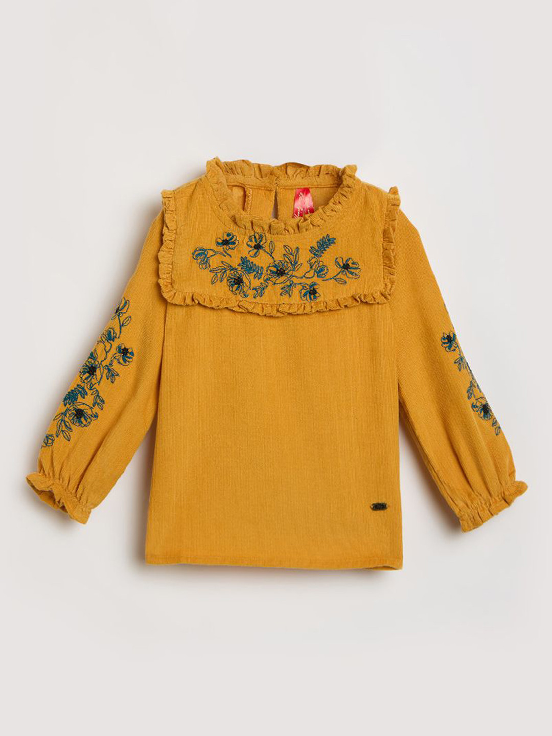 Blue Giraffe Girls Embroidered Puff Sleeve Ruffles Cotton Top