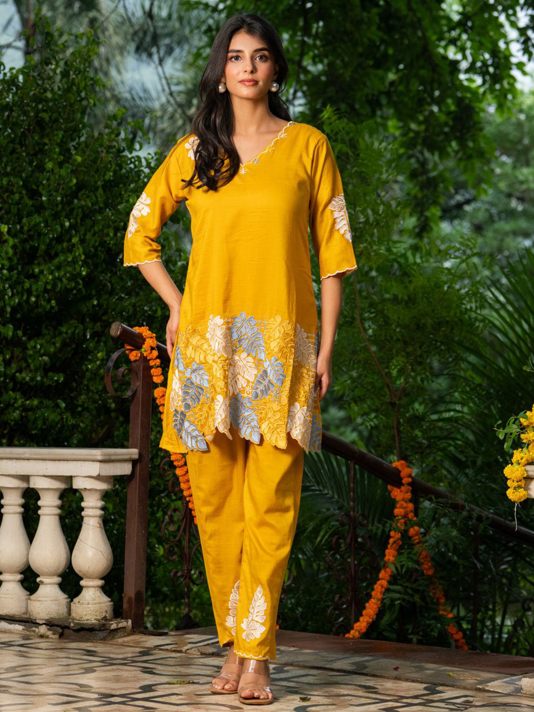 HOUSE OF JAMOTI Elaria Mustard Floral Embroidered V-Neck Tunic With Trouser Co-ord Set