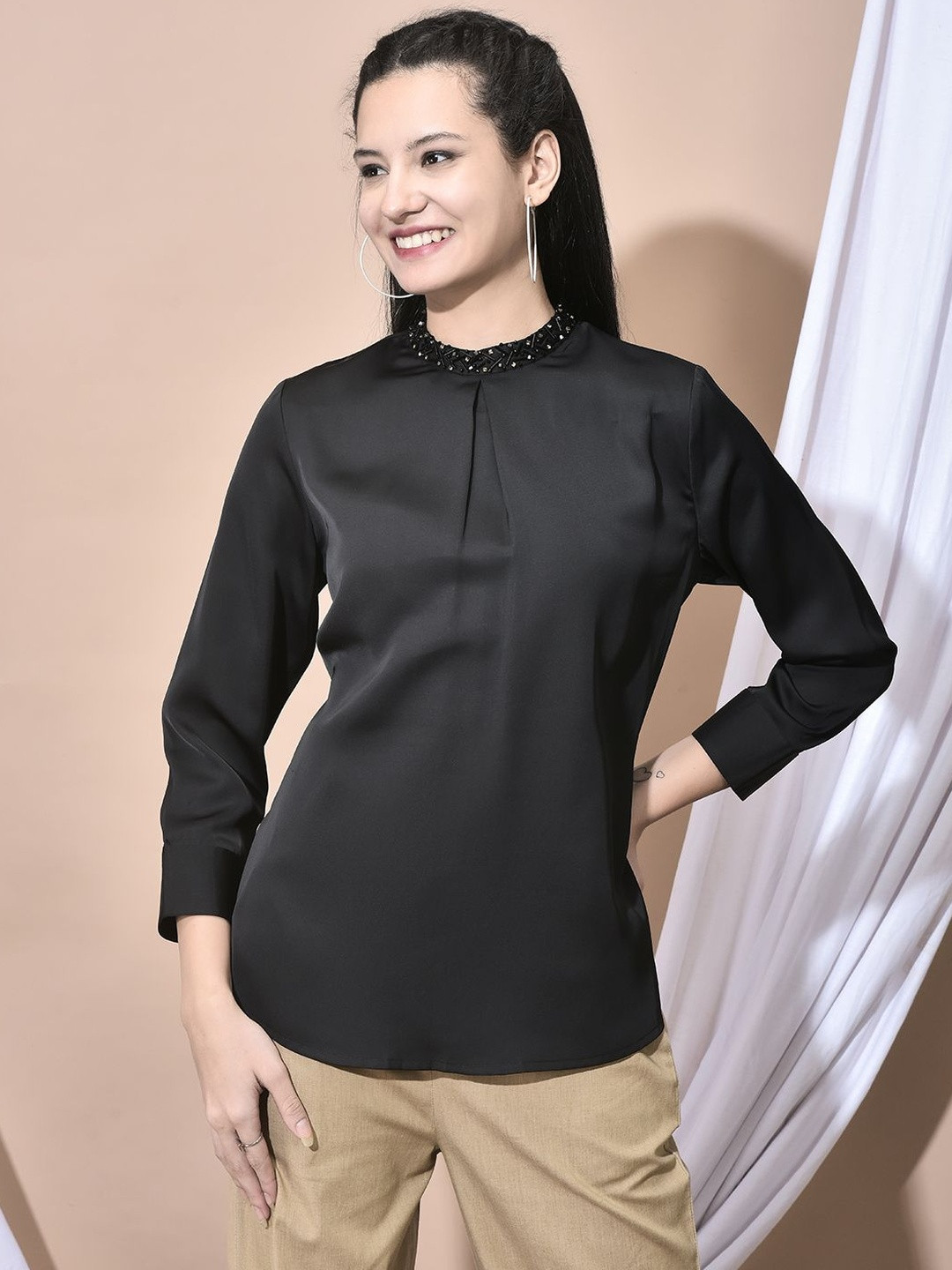 FFU Women Jewel Neck Satin Regular Top