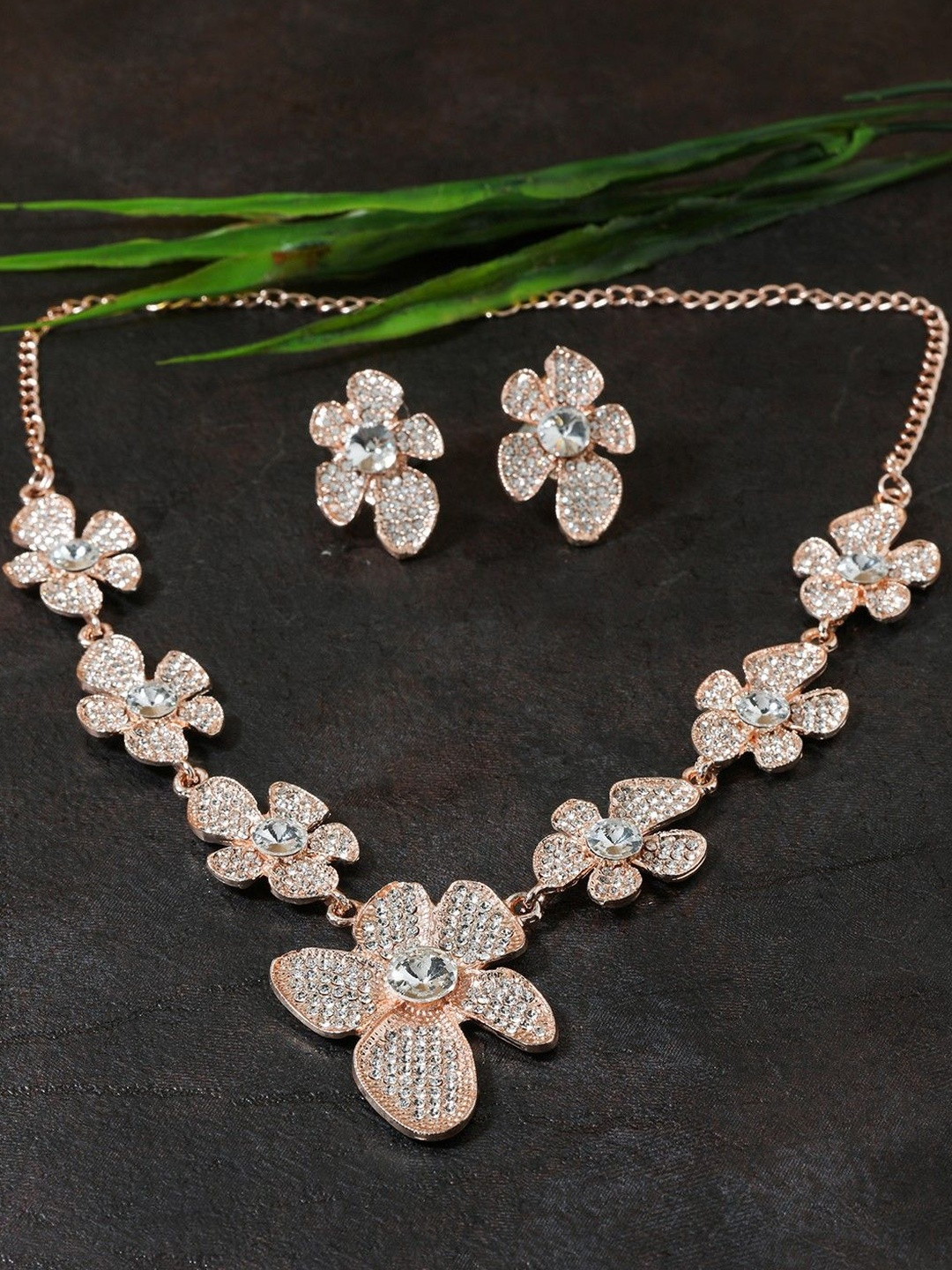 Sangria Rose Gold-Plated American Diamond Studded Floral Shaped Necklace And Earrings
