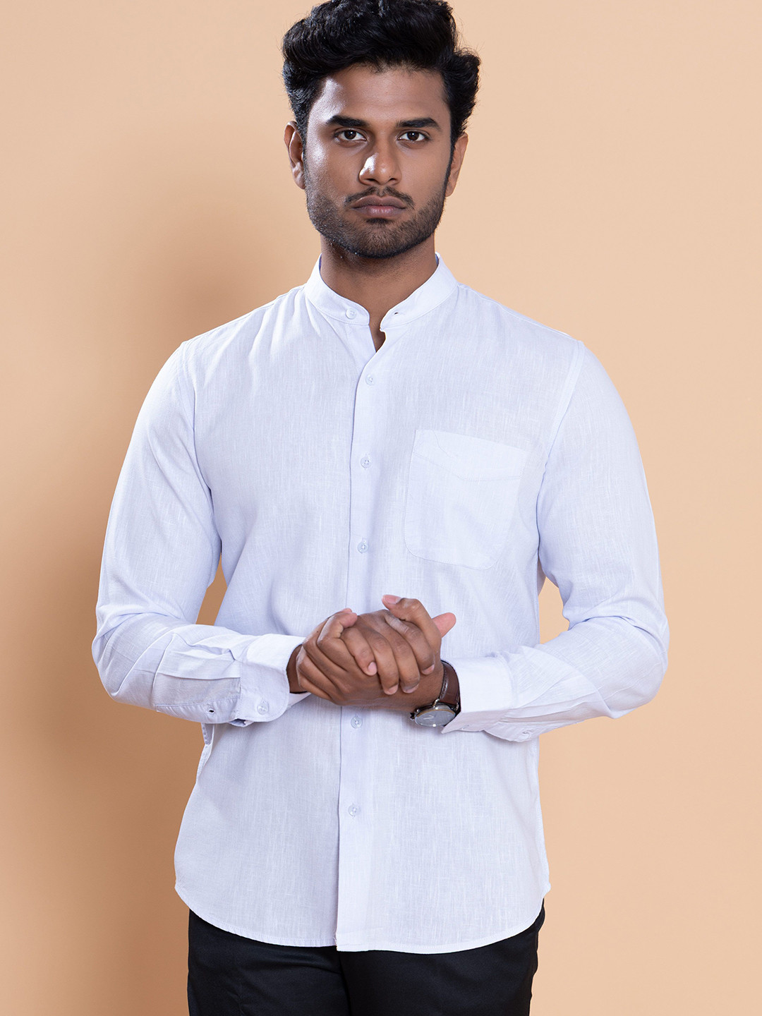 Native Bull Men Mandarin Collar Classic Casual Shirt